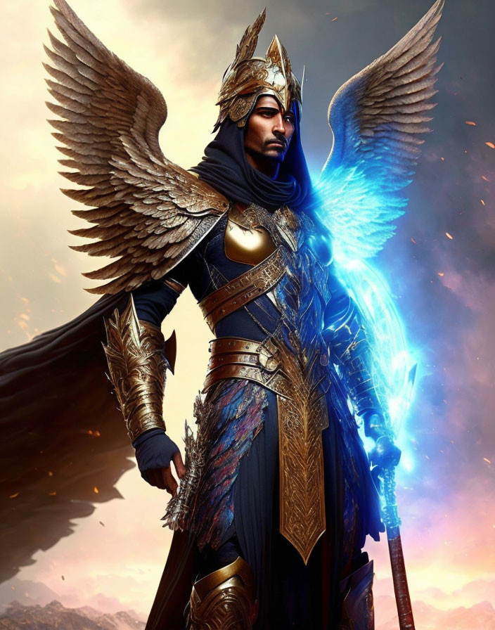 Illustrated character with angelic wings, golden armor, blue scarf, and glowing staff