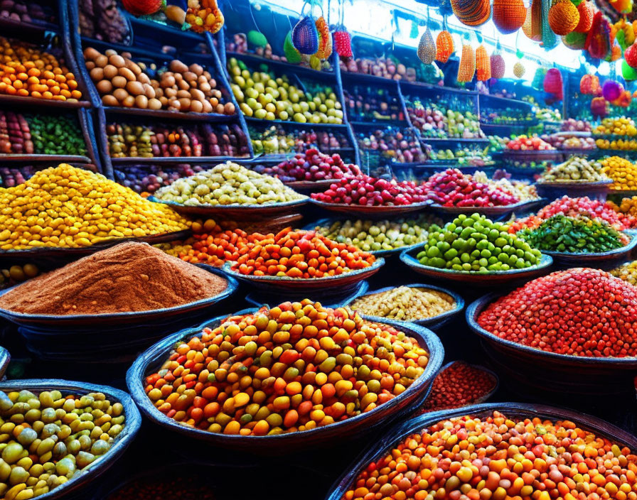 Colorful Spice and Legume Market Display with Hanging Lanterns