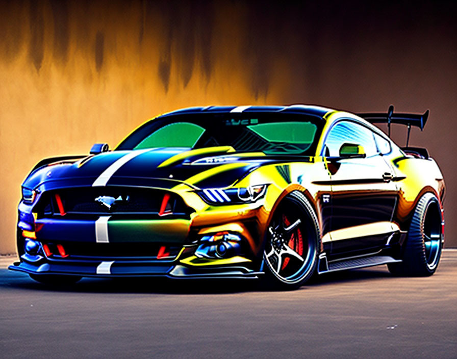 Customized Ford Mustang with racing stripes and aggressive body kit on fiery backdrop