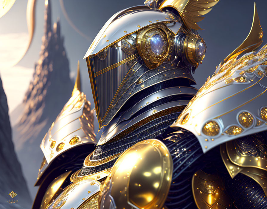 Detailed Fantasy Knight Armor with Gold Embellishments and Gemstones