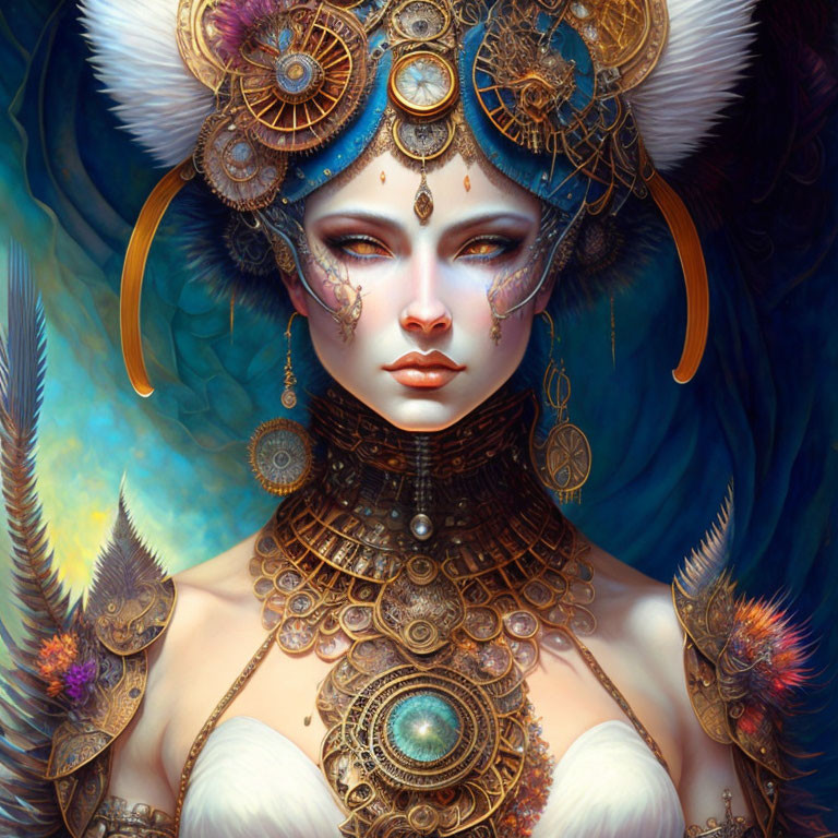 Fantasy portrait of woman in gold and blue headgear with regal aura