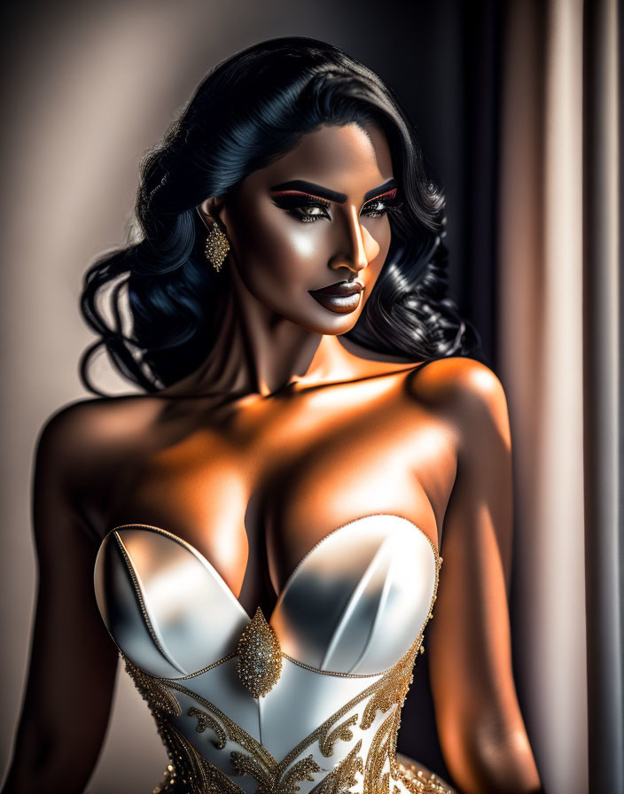 Digital artwork of glamorous woman in elegant corset with gold detailing