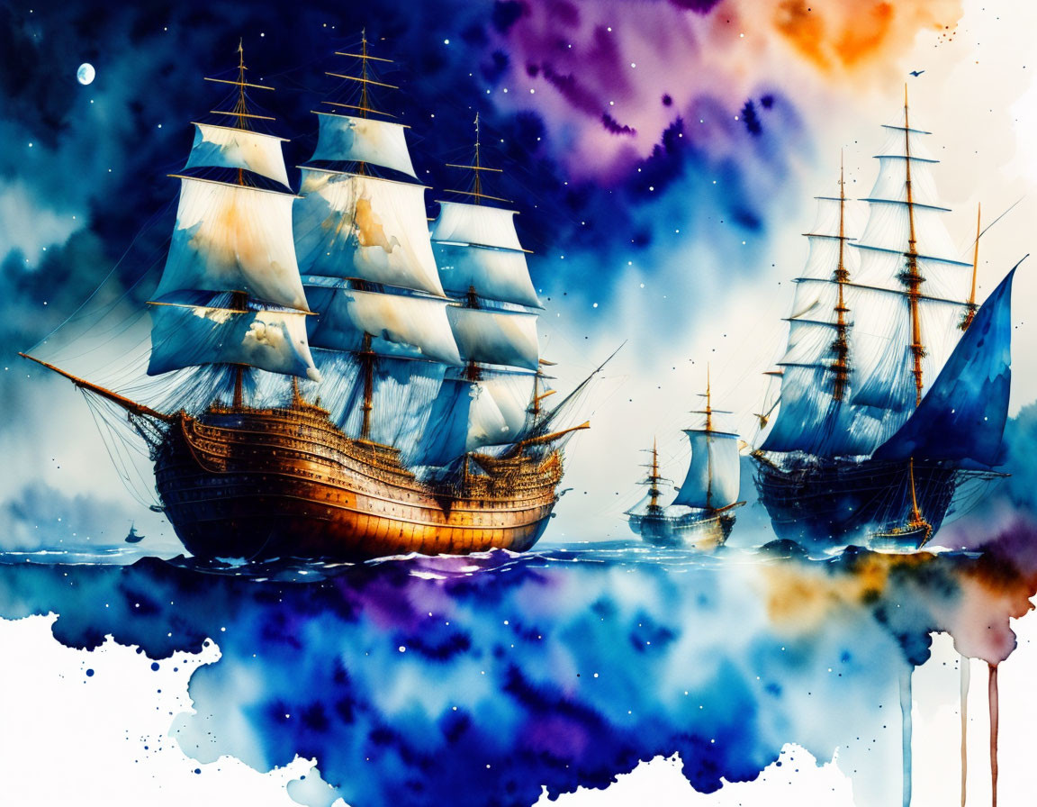 Sailing tall ships on vibrant cosmic sea with blue and purple hues