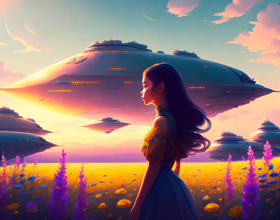 Woman admires sunset with spaceships over colorful flower field