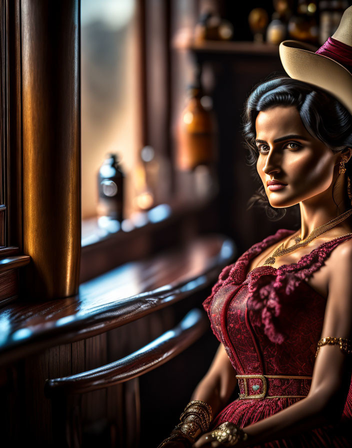 Vintage red dress and hat woman at wooden bar gazes out window