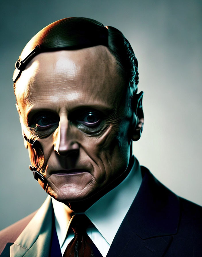 Man in Suit with Robotic Face: Conceptual Image of Human-Machine Fusion