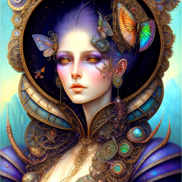 Fantasy illustration: Woman with purple hair, golden clockwork jewelry, and colorful butterflies.