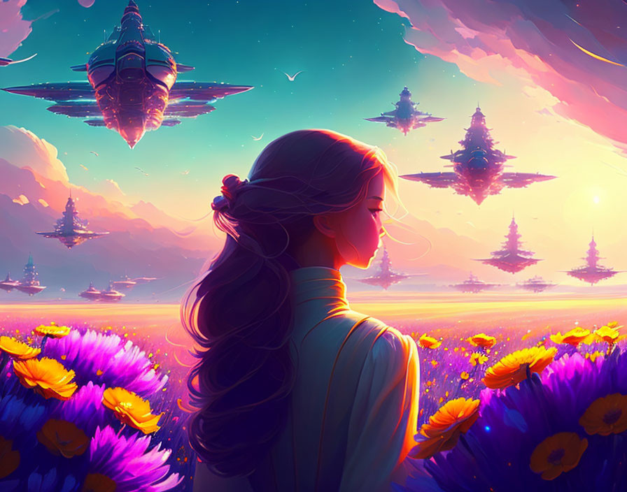 Woman admires futuristic ships over vibrant flower field