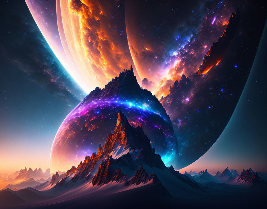 Surreal cosmic landscape with mountainous foreground and colossal planets.