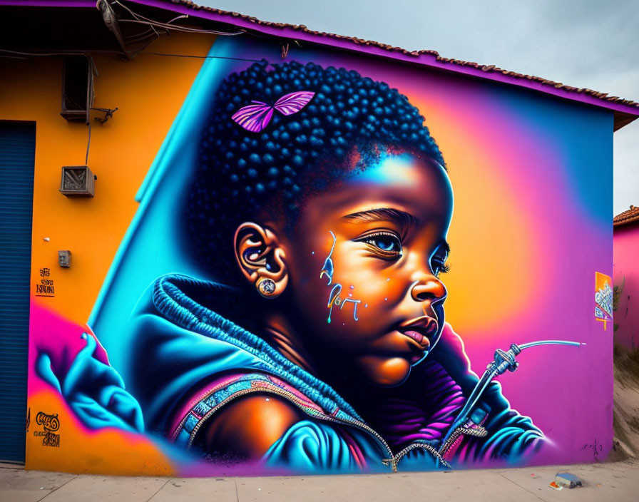 Colorful street art mural: young girl with butterfly on forehead, vibrant backdrop