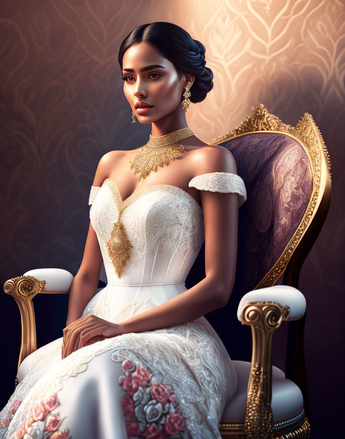 Sophisticated woman in white gown and gold jewelry on ornate chair