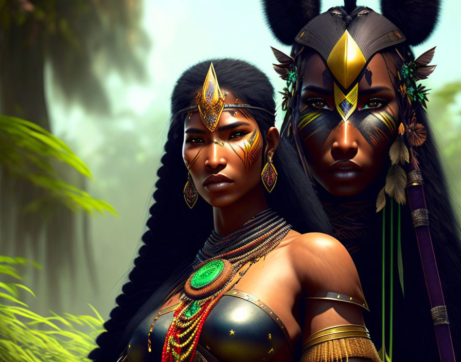 Two women in tribal makeup and golden jewelry in lush jungle scene