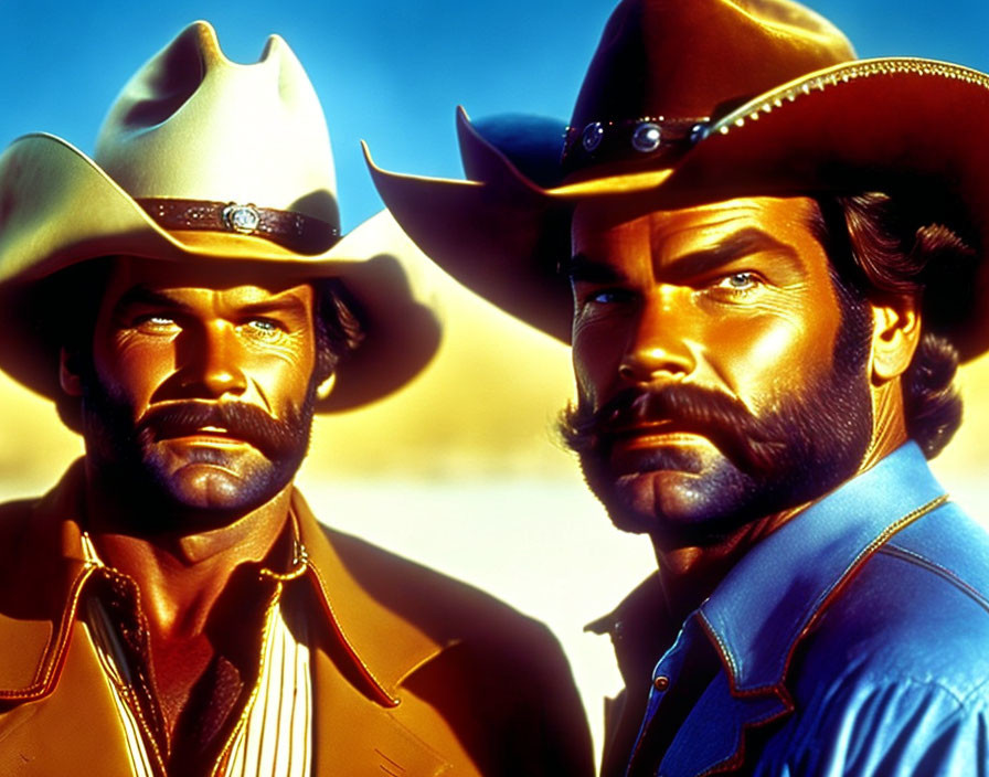 Two Men in Cowboy Hats and Western Attire with Mustaches on Golden Background