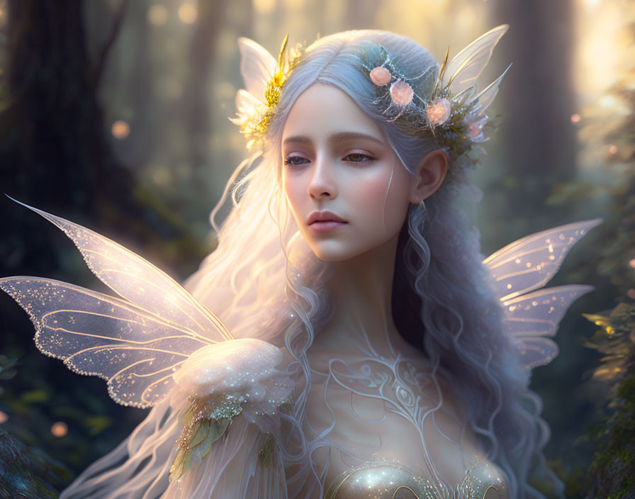 Ethereal elf portrait with delicate wings and floral accessories in sunlit forest