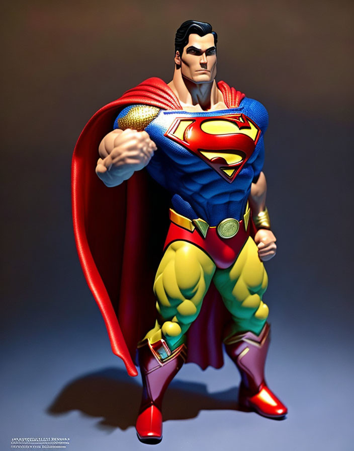 Detailed Superman figurine in blue suit with red cape and 'S' emblem, striking heroic pose