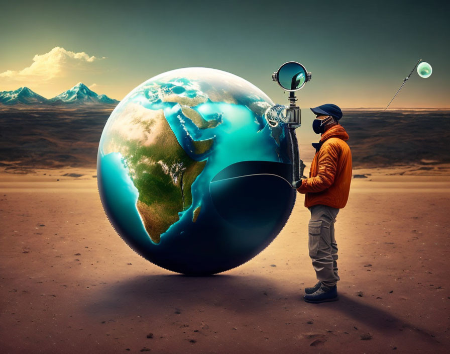 Person inflating globe-shaped balloon in desert symbolizing environmental impact.