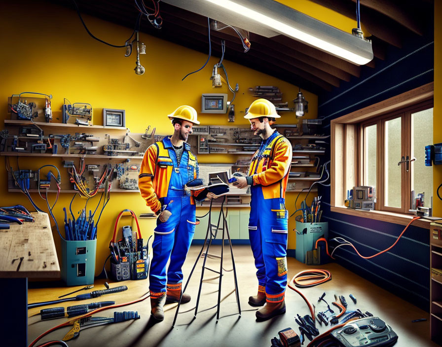 Two workers in high-visibility clothing and hard hats discussing in a workshop with tools on the wall