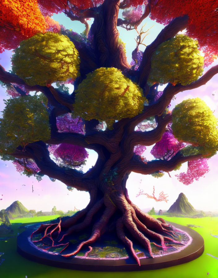 Colorful Fantasy Tree in Alien Landscape under Bright Sky