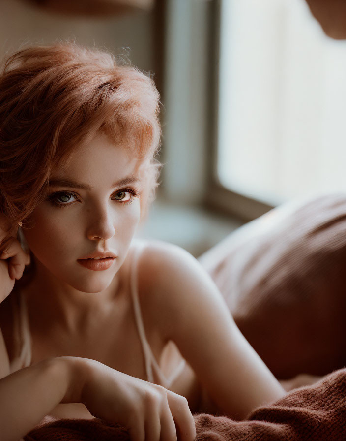 Woman with Short Auburn Hair and Green Eyes Resting Chin Near Window