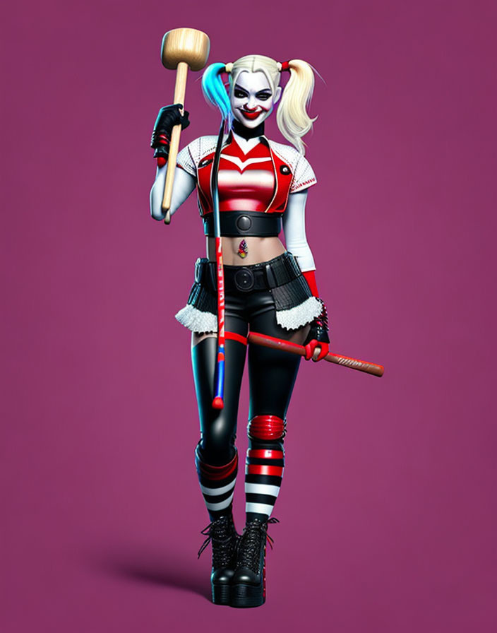 Fictional character with mallet and bat, black & red outfit, striped socks, on purple