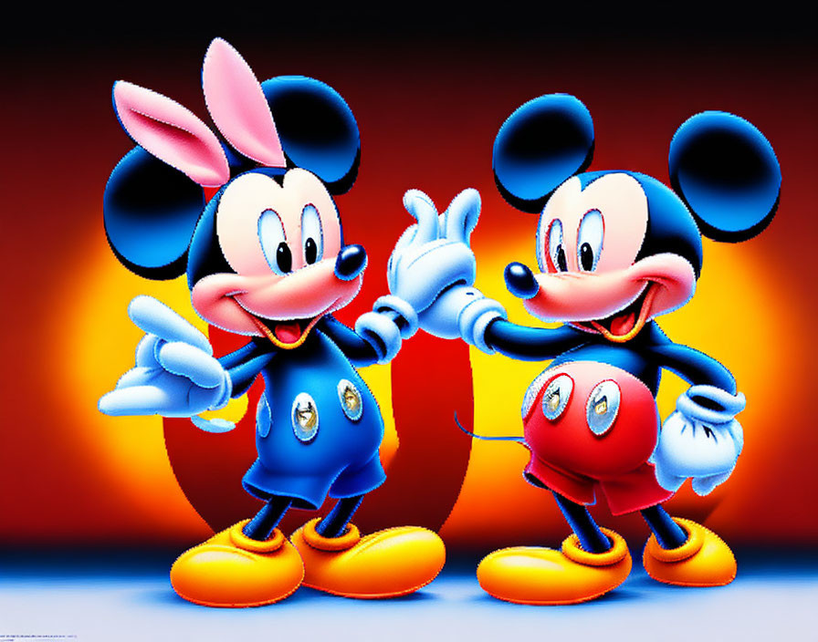 Animated mice characters touching fingers on gradient background