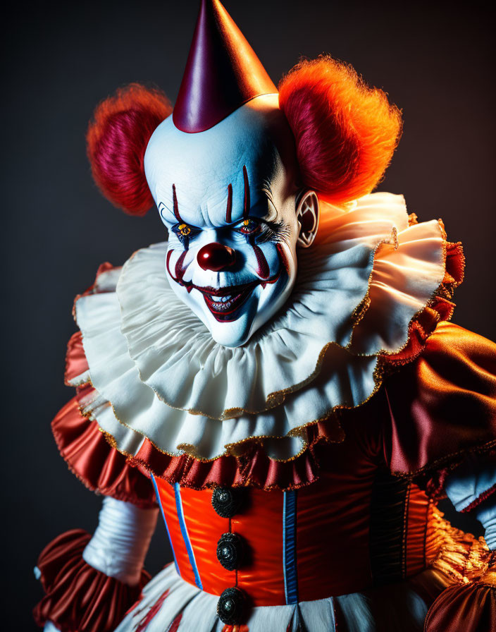 Menacing clown with white makeup, red nose, blue accents, and frilled collar against dark background