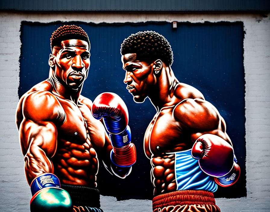 Vibrant colored stylized illustration of two boxers in boxing attire against a blue brick wall.