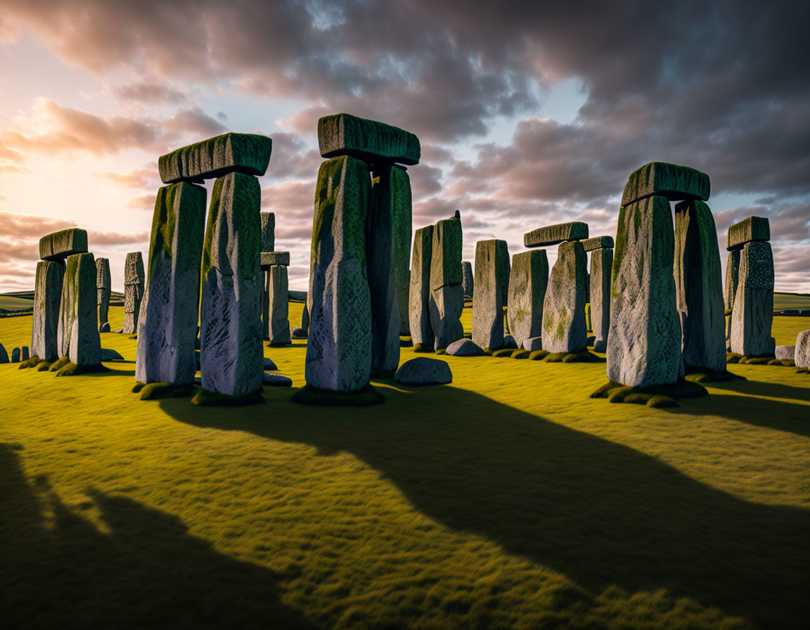 Ancient stone circle at sunset with dramatic clouds and long shadows