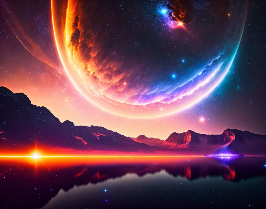 Vibrant sci-fi landscape with ringed planet, starry sky, nebula, lake,