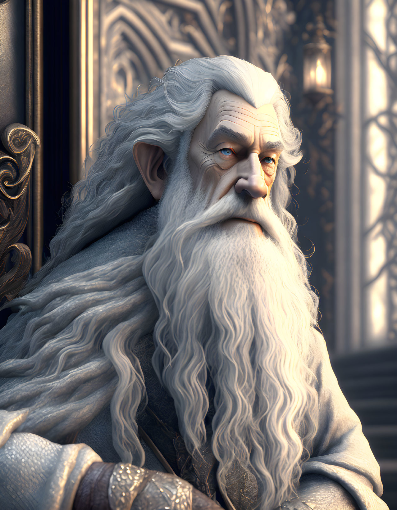 Elderly wizard character with white beard on ornate throne