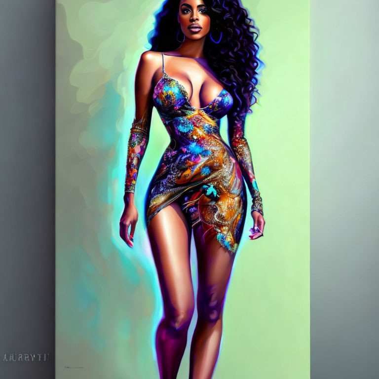 Vibrant digital illustration of woman with curly hair and tattoos in colorful dress