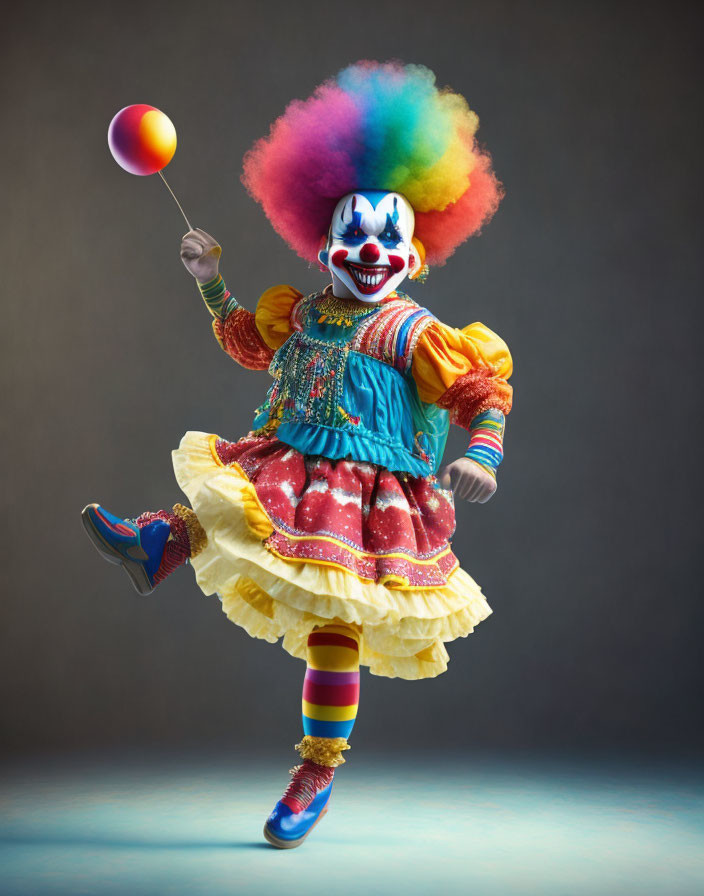 Colorful Clown in Multicolored Wig and Costume Holding Spinning Top