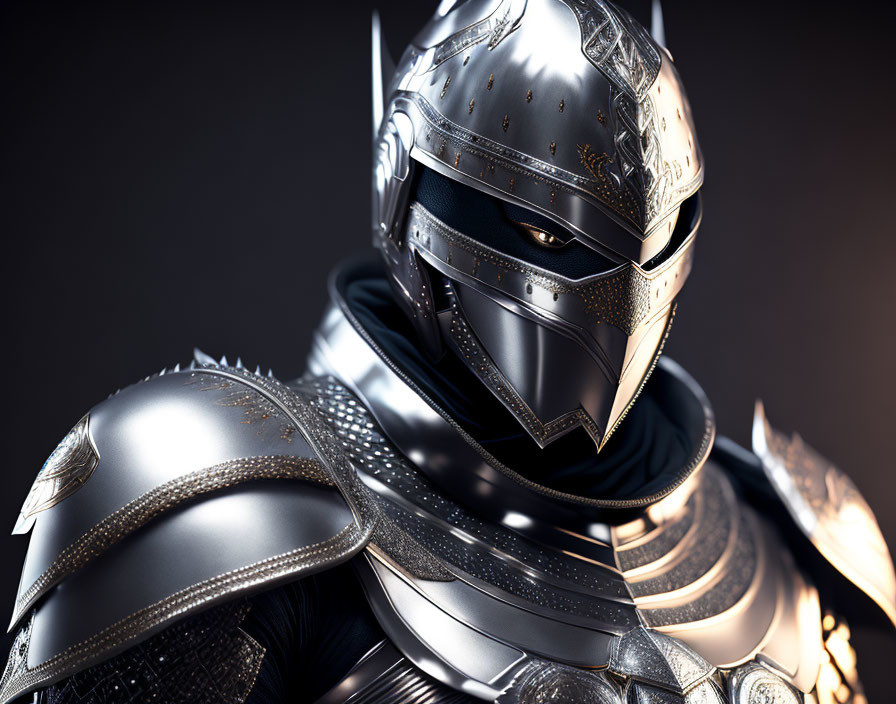 Detailed close-up of ornate knight in metallic armor with enclosed helmet and intricate designs on dark background.