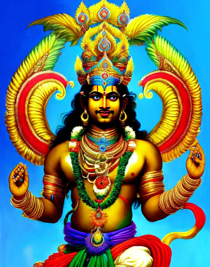 Colorful Four-Armed Figure in Blue and Gold Ornaments on Blue Background