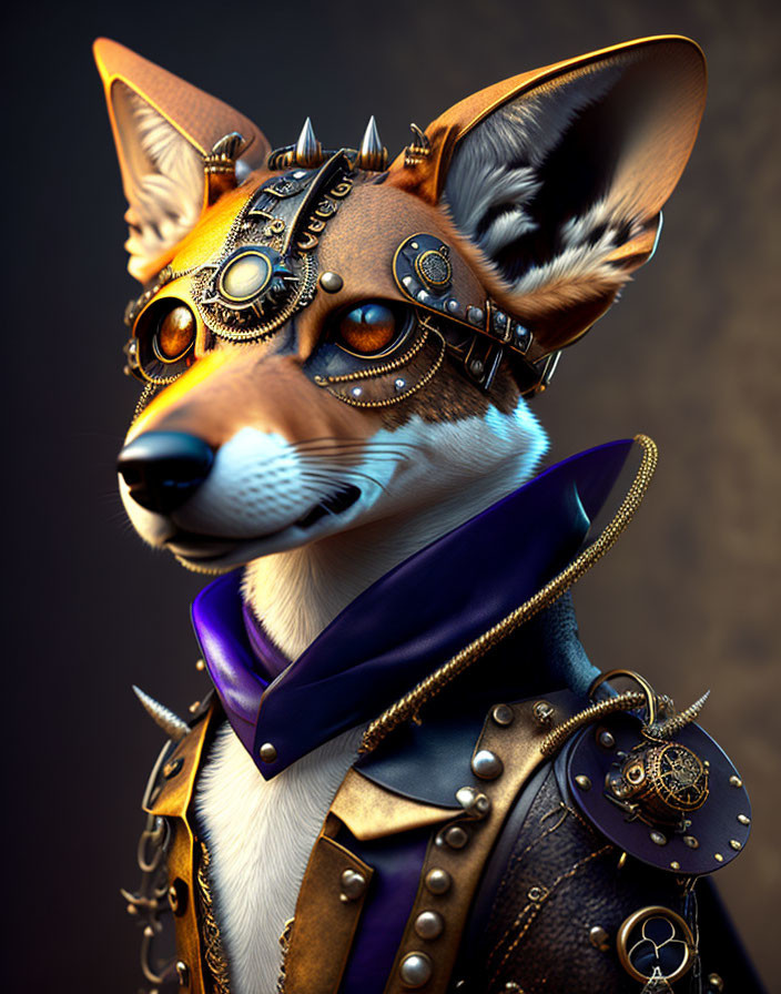 Steampunk-themed anthropomorphic fox with goggles, headgear, and collar on brown background