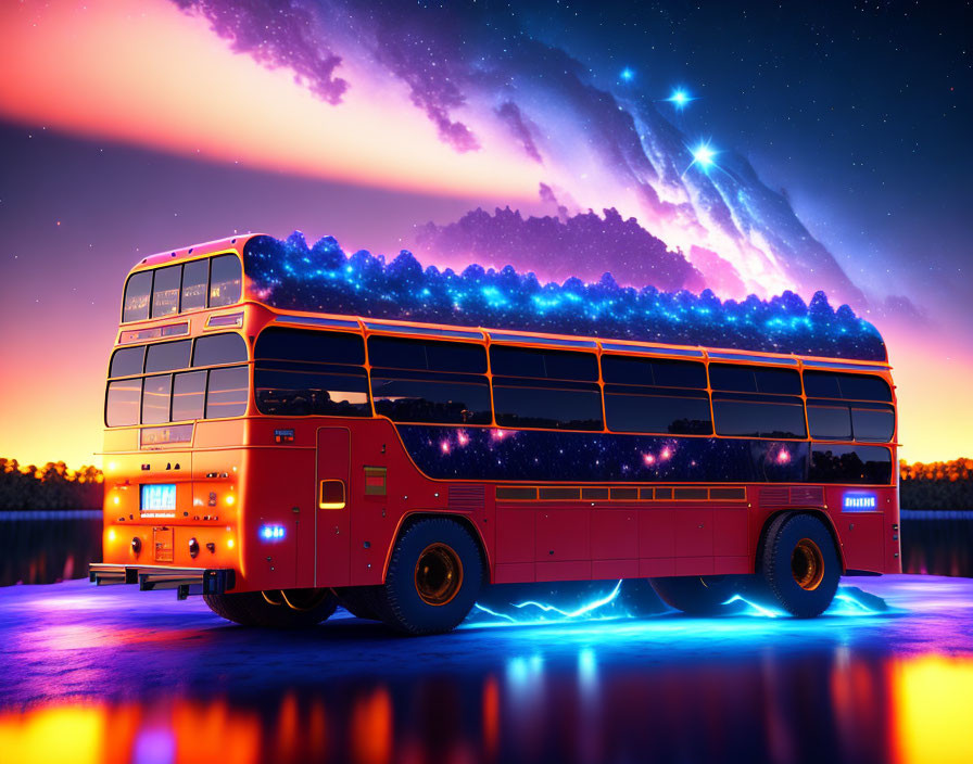 Digitally altered image of red bus under purple-pink sky.