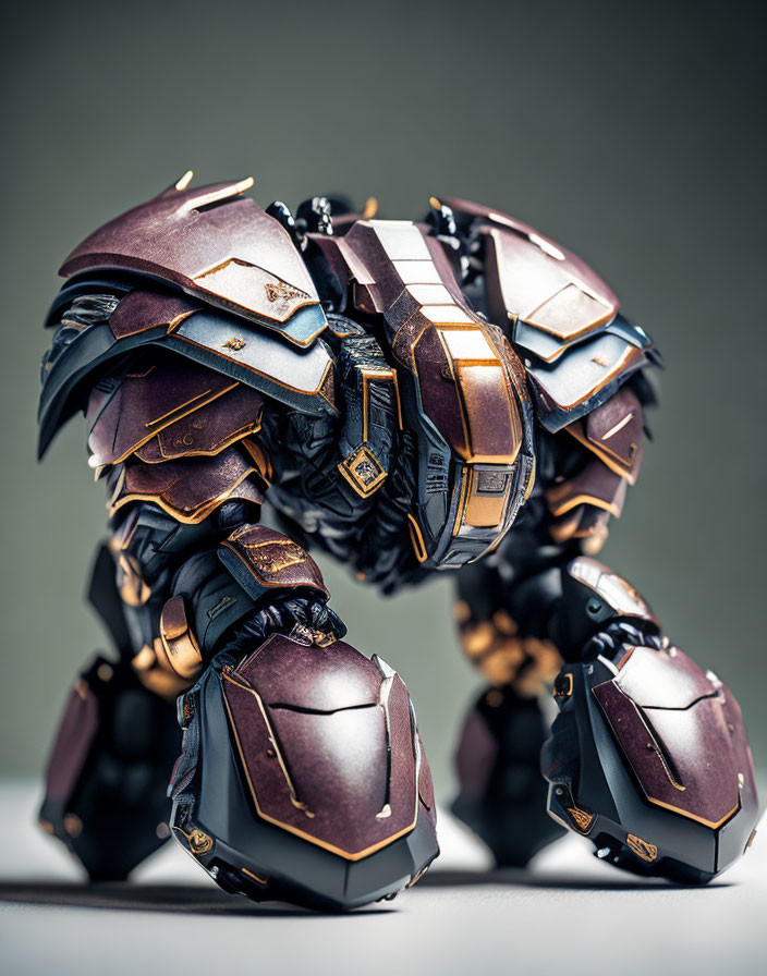 Detailed bulky humanoid robot figure in purple and gold armor on neutral background