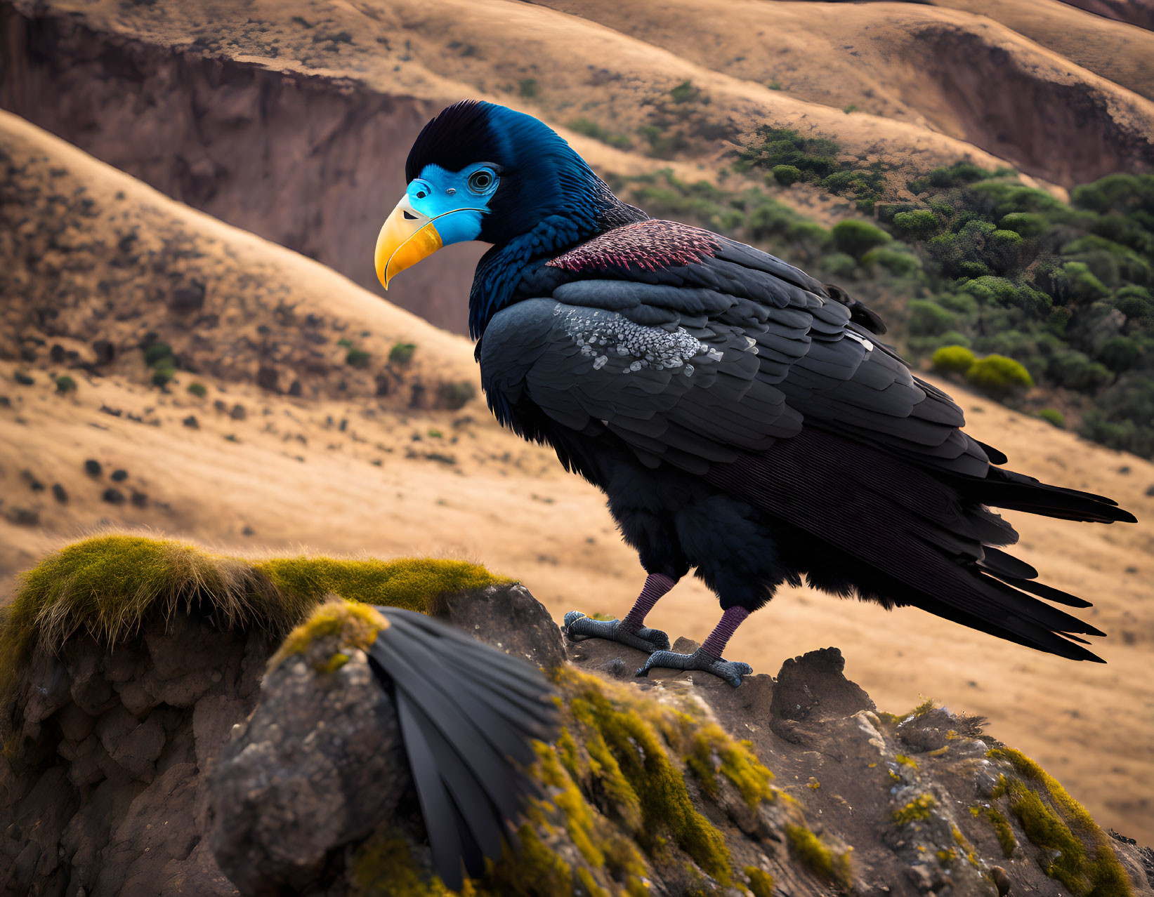 Colorful Animated Bird Perched on Rocky Outcrop in Hilly Landscape