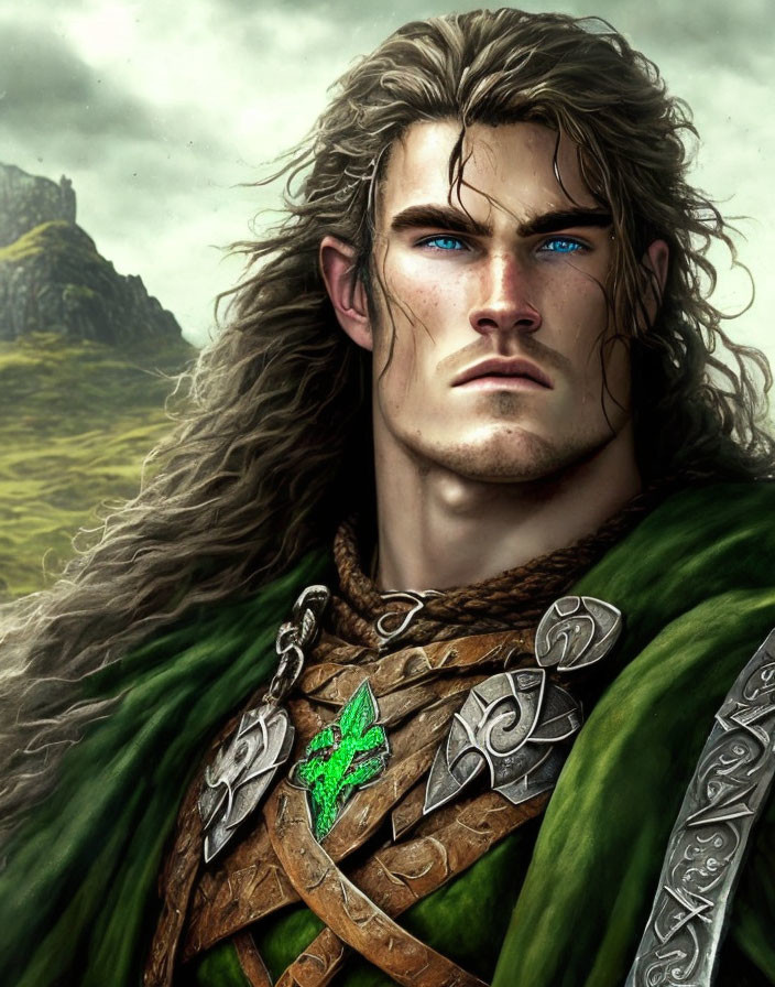 Fantasy male character with blue eyes, long wavy hair, green cloak, silver armor.