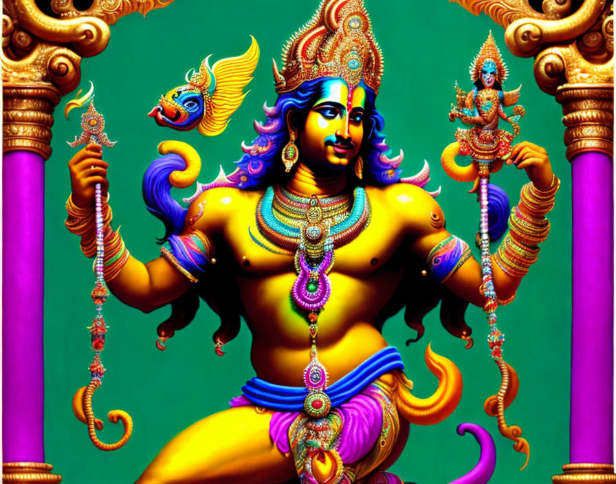 Colorful depiction of blue-skinned deity with four arms in gold jewelry on green background with pink pillars