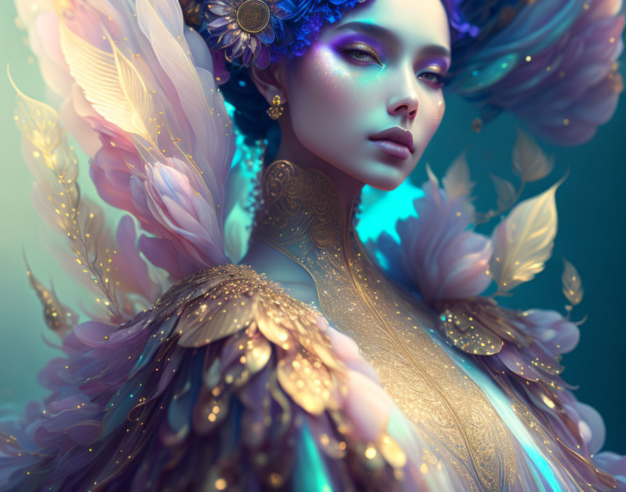 Portrait of a woman with iridescent feathers, floral adornments, and golden tattoo.