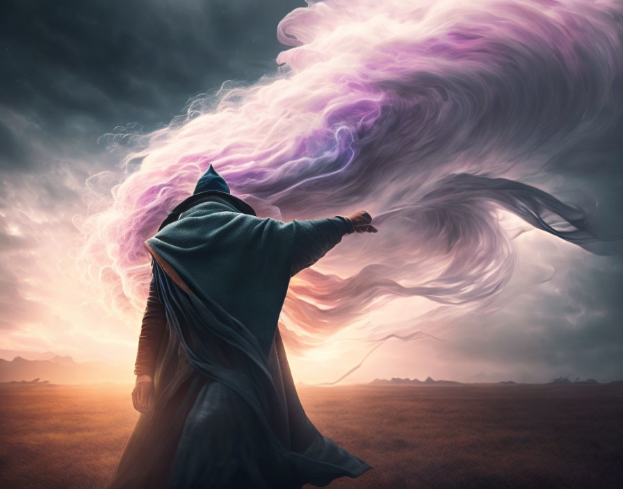 Cloaked figure under dramatic sky with swirling clouds.