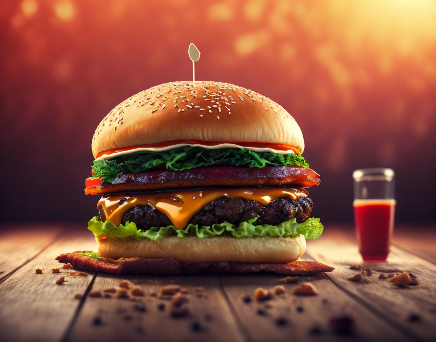 Double Cheeseburger with Bacon, Lettuce, Tomato, and Ketchup on Dramatic Background