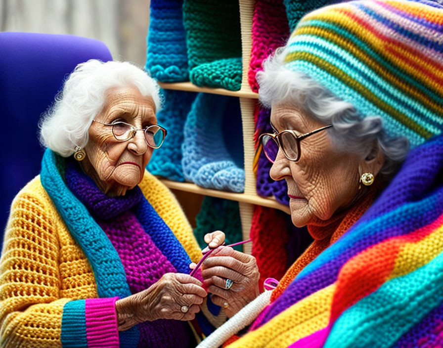 Elderly Women Knitting Colorful Yarn Crafts in Cozy Setting