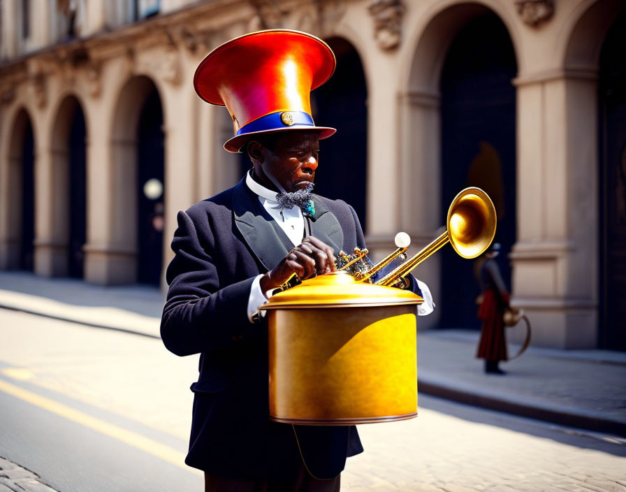 Man in Red Top Hat Plays Gold Tuba in Urban Setting