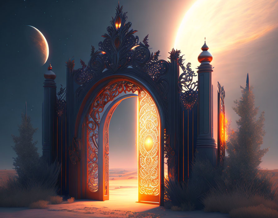 Ornate illuminated gate in mystical desert with crescent moon and large sun