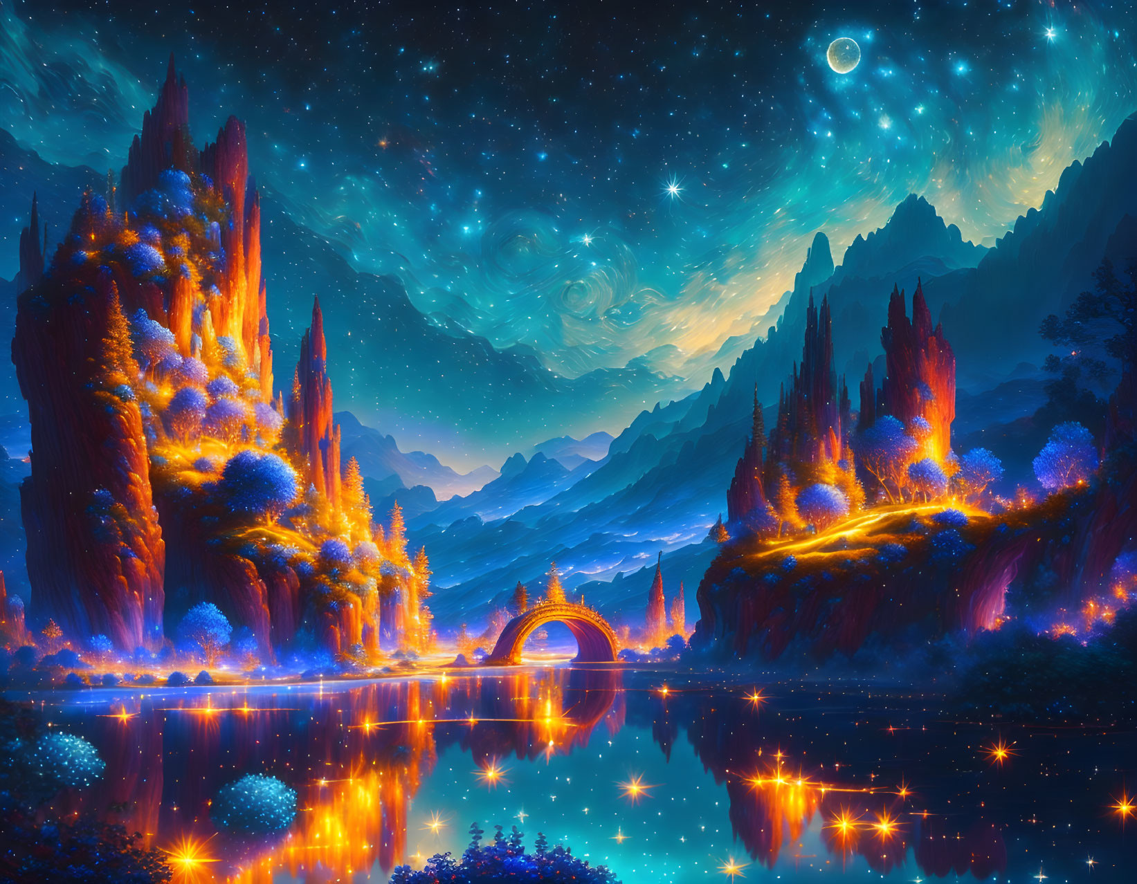 Fantasy landscape with illuminated rock formations, river, bridge, starry night sky.