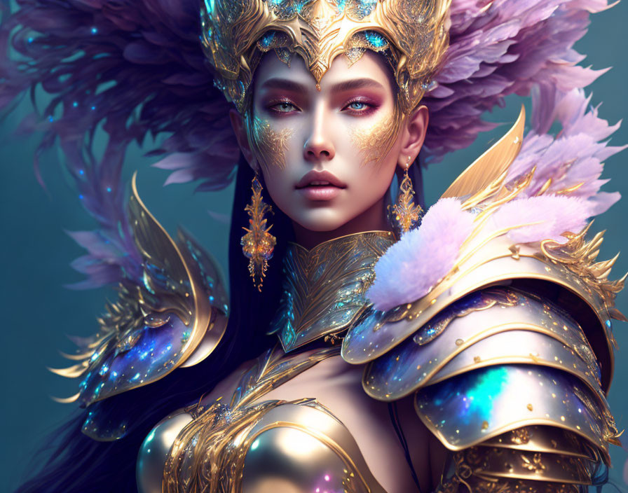 Fantastical portrait of woman in ornate golden armor with feathery accents