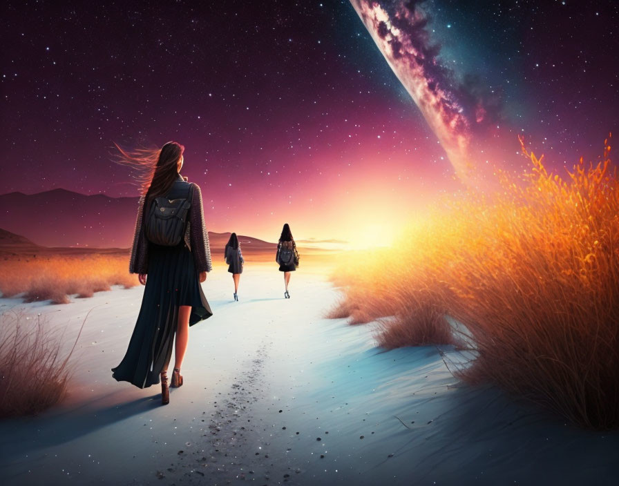 Three individuals walking on sandy path under starry sky with visible comet at twilight