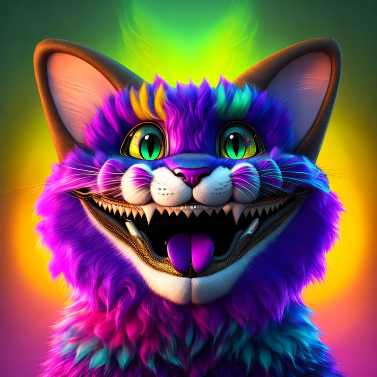 Colorful Anthropomorphic Cat Artwork with Rainbow Fur